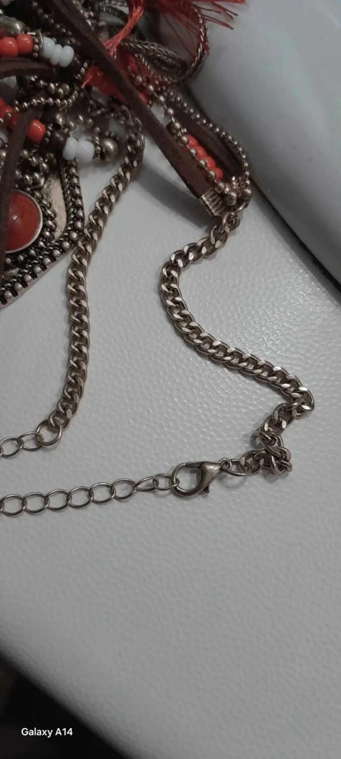 Colar Boêmio, vermelho e dourado envelhecido, com pompons – photo 7